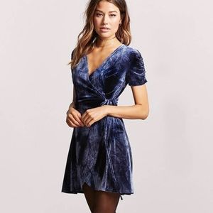 Blue crushed velvet wrap dress
